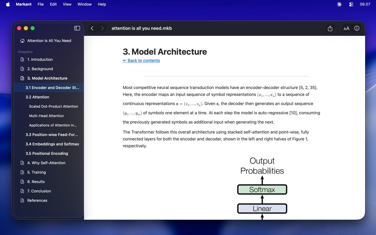 Markant in dark mode showing the same document